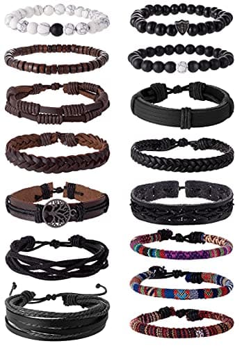 Tornito 15Pcs Braided Leather Bracelet String Wood Bead Woven Ethnic Boho Cuff Wrap Stretch Wristbands Bracelets Set for Men Women Size Adjustable