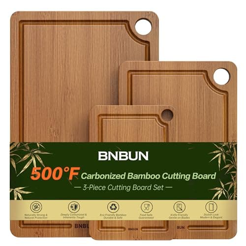 BNBUN Bamboo Cutting Board for Kitchen, Wooden Cutting Board 3-Piece Set with Non-Slip Mat Deep Juice Groove and Built-In Handles, Wood Cutting Board for Meat Vegetables Fruit Ideal Gift for the Home