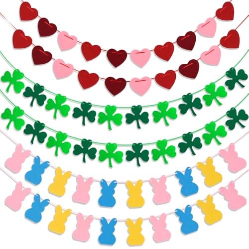 Valentines Day Decorations, 6 PCS Felt Garland for Valentines, St Patricks, Easter Decorations, Heart Garland for Mantle, Wall, Party Heart Decor