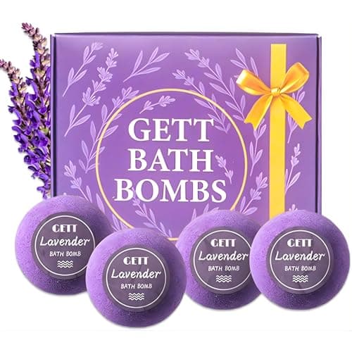 GETT Lavender Bath Bombs 4-pcs, Individually Wrapped Bath Bombs for Men & Women, Luxury Gift Set with Vegan and Essential Oils, Relaxing and Moisturizing Bubble Bath, Organic Bath Essentials for All