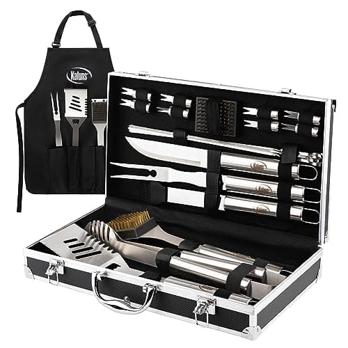 Kaluns Grilling Accessories, Dad Gifts for Fathers Day Grilling Gifts, Heavy Duty Stainless Steel Grill Set BBQ Grill Accessories for Outdoor Grill with Aluminum Case and Apron, Best Gifts for Men Dad