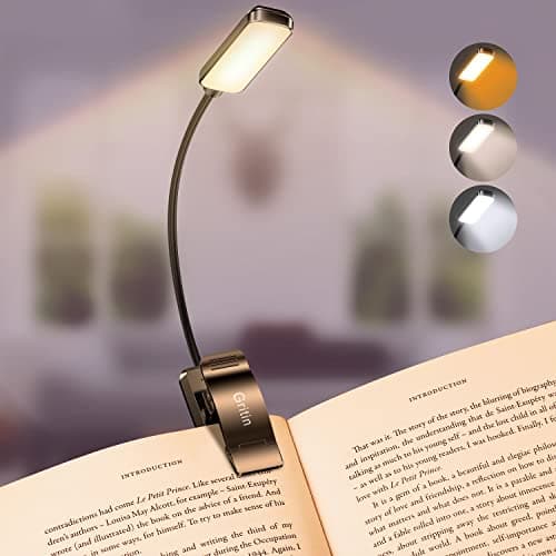 Gritin 9 LED Rechargeable Book Light for Reading in Bed - Eye Caring 3 Color Temperatures,Stepless Dimming Brightness,80 Hrs Runtime Small Lightweight Clip On Book Reading Light for Studying