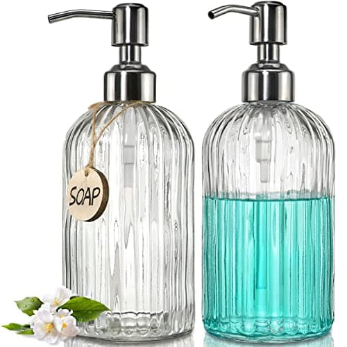 JASAI 2PACK 18 Oz Glass Soap Dispenser with Rust Proof Stainless Steel Pump, Refillable Hand Soap Dispenser with Vertical Stripe, Premium Bathroom Soap Dispenser for Kitchen & Bathroom.