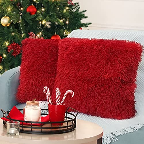 BBiggood Red Throw Pillow Covers, Pack of 2 Christmas Pillow Covers Decorative Pillows for Couch, Luxury Soft Faux Fur Throw Pillow Covers Decor Fluffy Pillows for Bedroom Bed, 16 x 16 Inch
