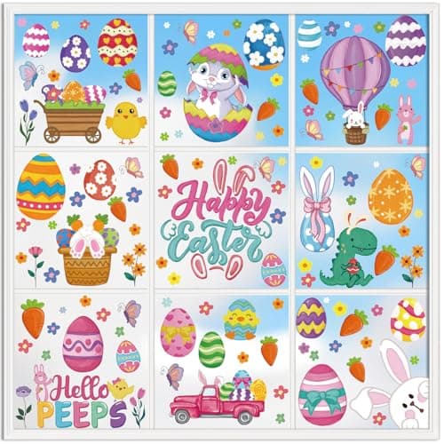 XZENTIRA 139 PCS Easter Window Clings Spring Window Clings for Glass 8 Sheets Watercolor Easter Egg Bunny Stickers for Home School Office Indoor Party Decor