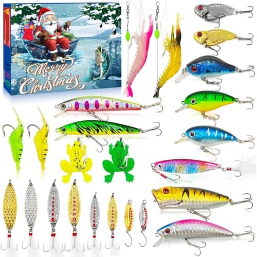 Fishing Advent Calendar 2024 Adult Men Teen Boys,24 Days Christmas Countdown Advent Calendar Fishing Lure Baits Tackle Set with Minnow Crankbait VIB Spoons Popper Fishing Gifts for Anglers