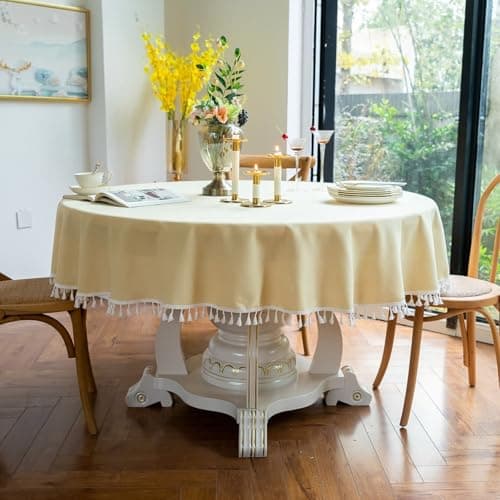 Homxi Round Tableclothes for Party 47",Coffee Table Cloth Yellow Solid Color with Tassels Polyester Outdoor Dining Table Cloth