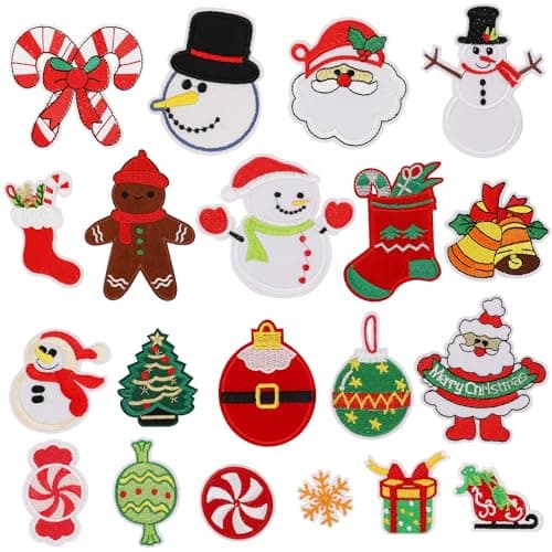 Lucleag 20Pcs Christmas Embroidered Patches, Christmas Tree Santa Claus Snowman Snowflake Iron on Sew on Iron on Embroidered Patches for DIY Craft Christmas Bags Hats Clothing Decorations Gifts