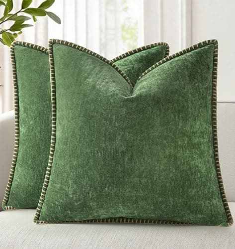 decorUhome Spring Chenille Soft Throw Pillow Covers 18x18 Set of 2, Farmhouse Velvet Neutral Decorative Euro Pillow Covers with Stitched Edge for Couch Sofa Bed Home Decor, Forest Elf