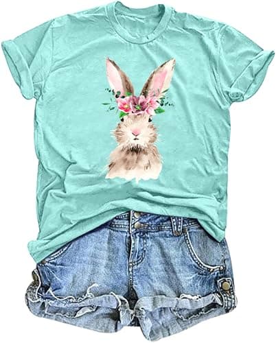 Happy Easter Shirts for Women Easter Bunny T-Shirt Rabbit Graphic Tees Easter Egg Holiday Shirt Tops(Green6, Medium)