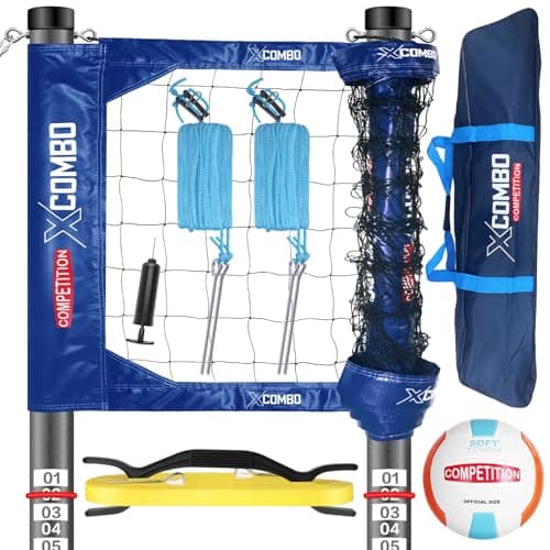 JOLORLY Professional Volleyball Net Set Heavy Duty for Outdoor Backyard Portable with Aluminum Adjustable Height Scoring Poles, Regulation Nets System for Tournament, Grass (Blue)