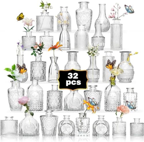 Anquephd Glass Bud Vase Set of 32PCS Wedding Centerpieces for Tables,Mini Clear Bud Vases for Flowers,Small Flower Vases Suitable for Birthday Party,Anniversary,Wedding,Baby Shower (Clear, 32PCS)