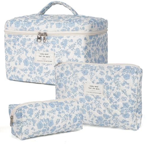 Makeup Bag,Quilted Cosmetic Bag,Large Floral Make Up Bag for Women,Cotton Makeup Bag Set,Flower Travel Toiletry Bag