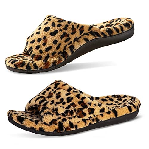 GRITHEIM Women's Orthotic Arch Support Slippers Fuzzy Adjustable Orthopedic Slippers for Plantar Fasciitis Furry Slide Slippers for Ladies leopard 8