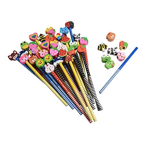 28PCS Assorted Cartoon Stripe Colored Wooden Pencils with Fruit Animal Top Pencil Erasers for Kids School Supplies and Children Prize Gifts, 28 Count (Pack of 1)
