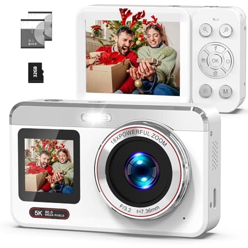 Hoorola 5K Digital Camera, 80MP Dual Screen Autofocus Vlogging Camera, 18X Zoom Point and Shoot Camera for Photography, Flash, 32GB Card, 2 Batteries, Compact Camera for Teens Adults (White)