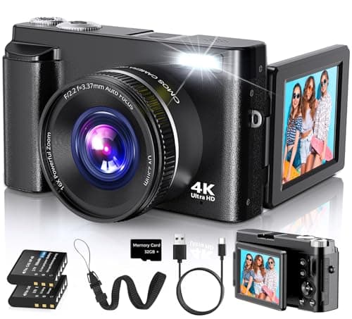 4K Digital Camera for Photography Autofocus, 2025 Latest 48MP Vlogging Camera for YouTube with SD Card, 2 Batteries, 3" 180°Flip Screen Compact Travel Camera for Teens with 16X Zoom, Anti-Shake,Black