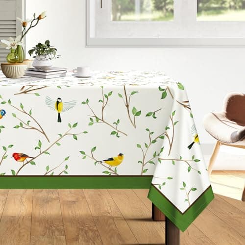 Arquiel Spring Bird Branch Tablecloth Waterproof, Rustic Table Cloth Rectangle Stain Resistant, Washable Table Cover for Home Kitchen Dining Party Decoration (60×104 Inch)