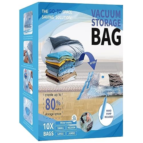 10 Pack Vacuum Storage Bags, Space Saver Bags with Hand Pump, Vacuum Seal Bags for Clothing, organization and storage Comforters, Pillows, Towel, Blanket Storage, Bedding,moving supplies.