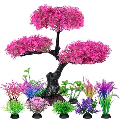 Ameliade Aquarium Artificial Plastic Plants Decoration, Pink Cherry Blossom Tree Aquarium Decor Set, Goldfish Betta Fish Tank Decorations Hides Accessories（Pink