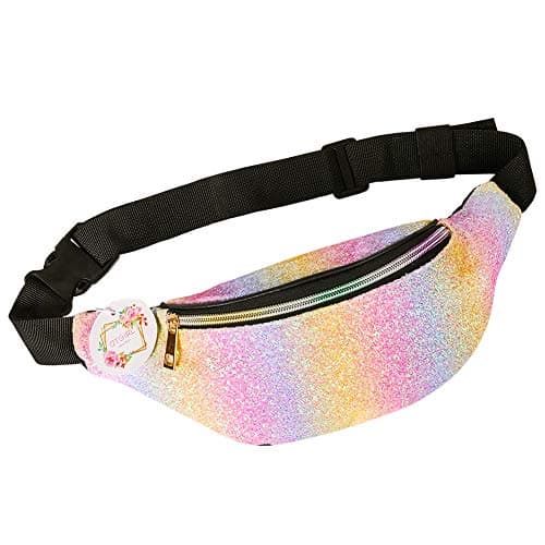 QtGirl Fanny Pack for Kids, Glitter Waist Bag Shiny Bags with Adjustable Belt for Children Sport Running, Camping, Trip