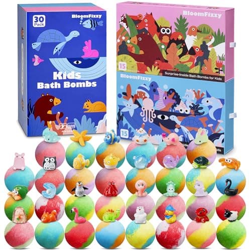 30 Kids Bath Bombs with Surprise Inside, Gift Set with 30 Unique Land & Sea Animal Toys, Fun, Educational, and Child-Safe Natural Bath Bombs with Toys Inside for Girls and Boys