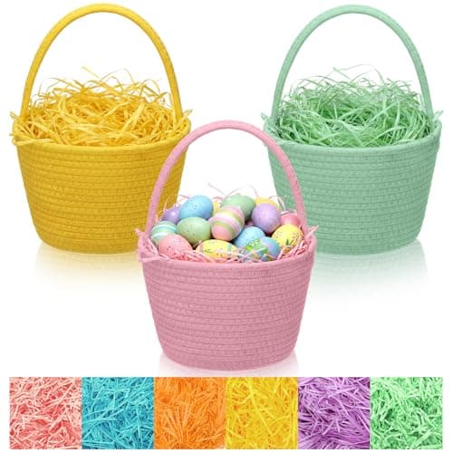 Meanplan 3 Pcs Easter Basket with Handles Easter Basket Gifts Bulk with 6 Colors Raffia Yellow Pink Green Empty Round Cotton Rope Goodie Bags for Gifts Bunny Egg Hunt Party Supplies