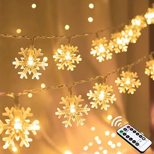 Runleo Christmas Snowflake String Lights, 20 FT 40 LED Warm White Battery Operated Fairy Lights with Remote Timer - Bedroom Room Indoor Xmas Tree Decorations