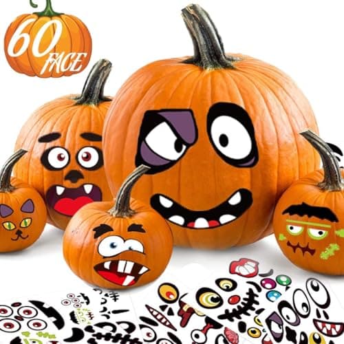 Pumpkin Decorating Halloween Stickers for Kids - Make 60 Funny Face and Classic Pumpkin Expressions Crafts, Holiday Decor Kit Party Best Gift for Kids - 12 Sheet