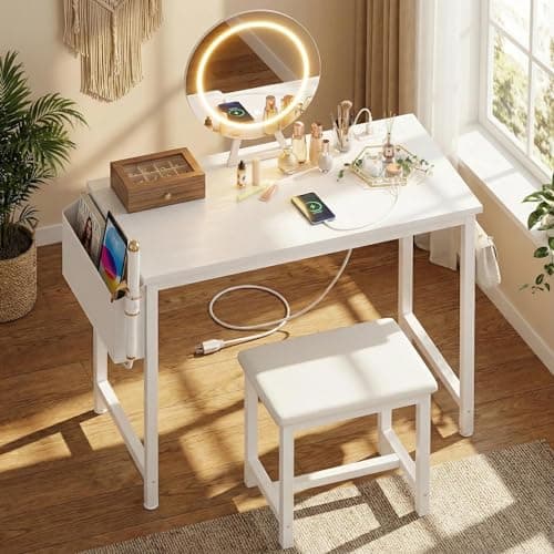 KAI-ROAD Small Vanity Desk with Mirror and Lights - Makeup Mini Girls Vanity Set Table with Chair, Power Outlet, White Compact Make Up Dressing Table for Kids Bedroom