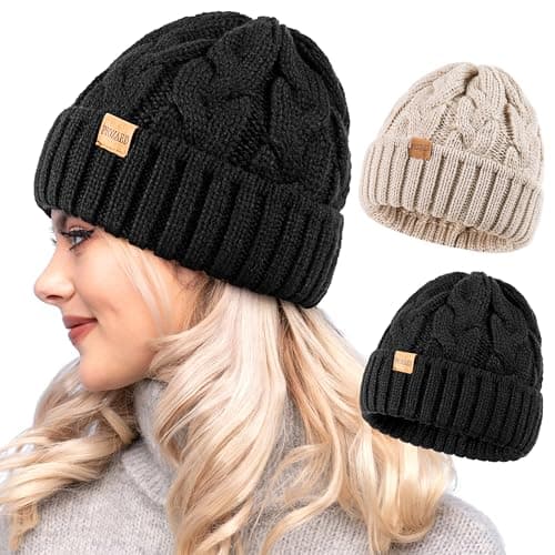 PIOZAED Womens Winter Knitted Beanie Hat Knit Warm Skull Cap Skull Cap Beanie for Women 2 Packs