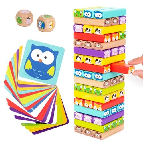 Nene Toys Wooden Tumble Tower Game with Animals & Colors, 4-in-1 Educational Family Board Game for Kids Ages 3-9, Creativity & Cognitive Skills Booster - Gift for Boys Girls 3+ Years