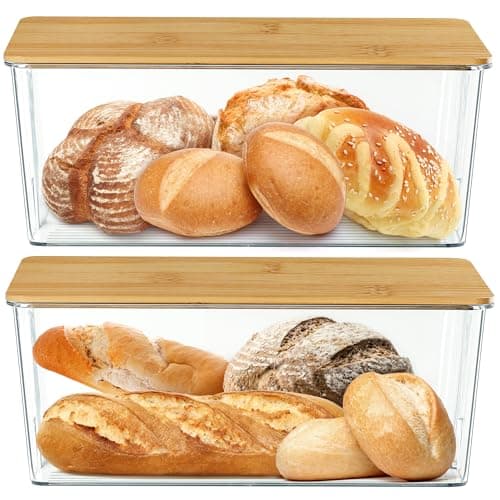 Qilinba 2 Pcs Clear Bread Box with Bamboo Board Lid for Kitchen Countertop, Bread Storage Container for Homemade Bread