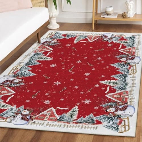 Artoid Mode Red Snowman House Pine Tree Christmas Area Rug, Xmas Winter Home Decor Low-Profile Washable Area Rugs for Entryway Bedroom Living Room Laundry Room Indoor 5x7 Feet