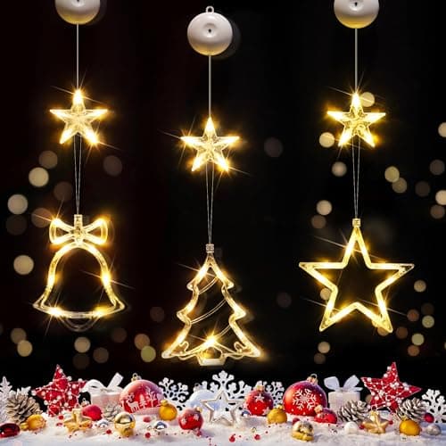 suddus Christmas Window Lights Decorations, 3Pcs Tree-Jingle Bell-Star Shaped Xmas Lights Battery Powered with Suction Cups & Timer, Hanging String Lights Indoor for Tree, Fireplace, Warm White