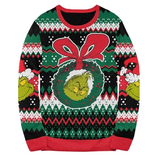 The Grinch Who Stole Christmas Dr. Seuss Wreath Holiday Sweater Licensed (X-Large) Black