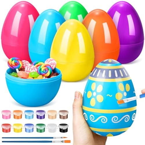 VioraWhite 15 Pieces Jumbo Easter Eggs Painting Set 6 Inch Fillable Easter Eggs Bulk DIY Plastic Paintable Eggs with Paints and Brush for Easter Hunt Basket Stuffers Fillers DIY Party Favor Gifts