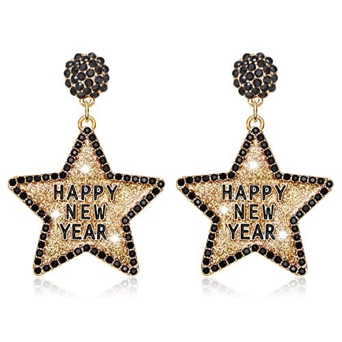 Happy New Year Earring for Women Glitter Rhinestone Star Dangle Earrings Holiday New Year’s Eve Earrings Festive Party Jewelry Gifts (Gold)