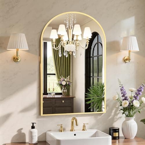 Sweetcrispy 20"x30" Arched Gold Bathroom Mirrors for Wall, Bathroom Mirrors for Over Sink, Metal Framed with HD Shatter-Proof Glass for Entryway, Living Room, Bedroom