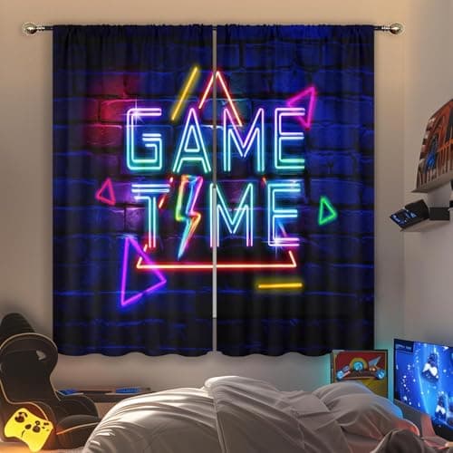 Mitpok Kids Neon Gaming Curtains for Boys Bedroom 42Wx63H Inch Rod Pocket Gamer Video Game Time Cool Modern Geometric Rustic Brick Wall Child 2 Panel Window Treatment Set for Playroom Room Decor