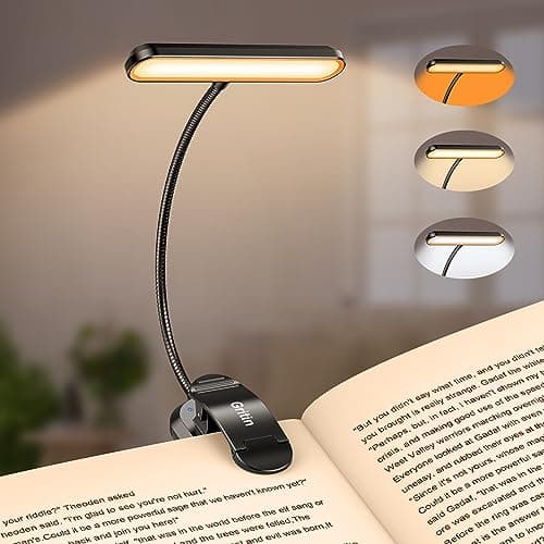 Gritin Rechargeable Book Light for Reading in Bed with 19 LED &Memory Function-Eye Caring 3 Color Temperatures,5 Brightness Levels,80Hrs Runtime Flexible Goose Neck Clip on Book Light for Book Lovers