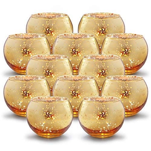 Volens Round Gold Votive Candle Holders, Mercury Glass Candle Holder Set of 12