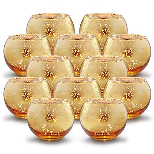 Volens Round Gold Votive Candle Holders, Mercury Glass Candle Holder Set of 12