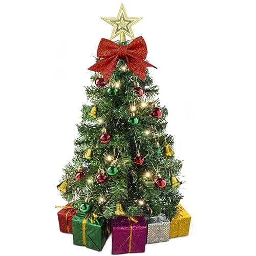 Small Christmas Tree with Lights - 23 Inch Mini Tabletop Christmas Tree with Warm-White LED Lights, Hanging Ornaments, Decorative Bow and Gift Boxes - Prelit Table Tree for DIY Christmas Decoration