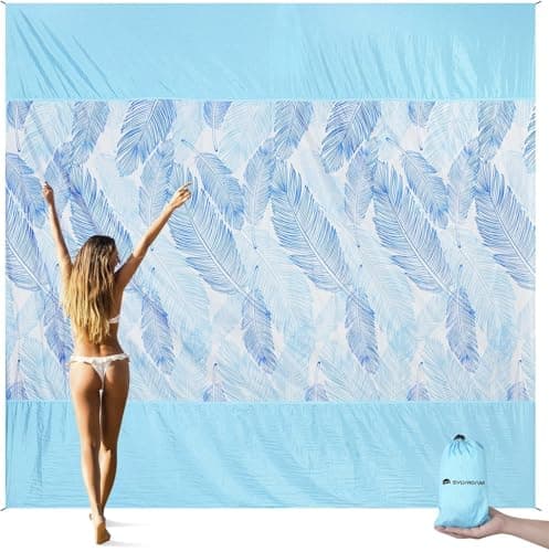 SYLVROAM Beach Blanket Waterproof, sandproof Blanket with Portable Bag for Beach & Picnic, NylonBeach Mat, Quick Drying, Lightweight with 4 Stakes & 4 Water Bags, Dual Use as Children's Pool (Blue)