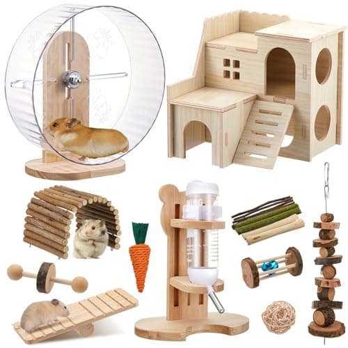 Sonwyoung 18 Pcs Hamster Cage Accessories, Silent Hamster Wheel, 15 Chew Toys Set, Maze Wood House and Water Bottle Set for Rat Mice Small Animals Habitat (Fun Interactive Style)