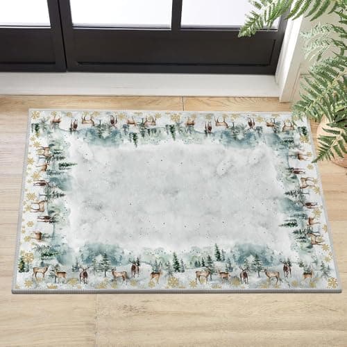 Artoid Mode Deer Snowflakes Pine Tree Christmas Area Rug, Xmas Winter Home Decor Low-Profile Non-Slip Washable Door Mat for Entryway Bedroom Living Room Laundry Room Indoor 2x3 Feet