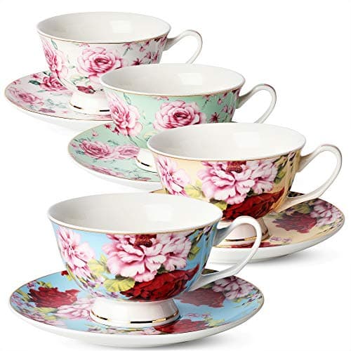 BTaT- Floral Tea Cups and Saucers, Set of 4 (8oz) with Gold Trim and Gift Box, Cappuccino Cups, Latte Cups, Tea Set for Adults, Porcelain Tea Cups, Tea Cups for Tea Party, Rose Teacups, China Tea Cups