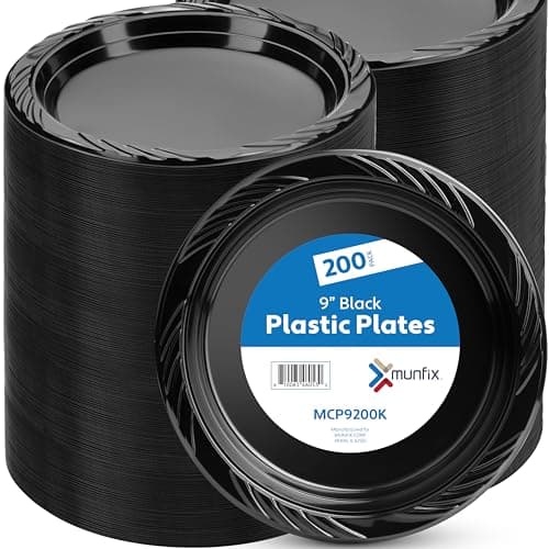 Munfix 200 Black Plastic Plates Set - 9 Inch Plastic Dinner Plates, Disposable Plates Bulk Pack, Party Plates for BBQ, Picnic, Parties, Travel and Events, Microwavable Recyclable