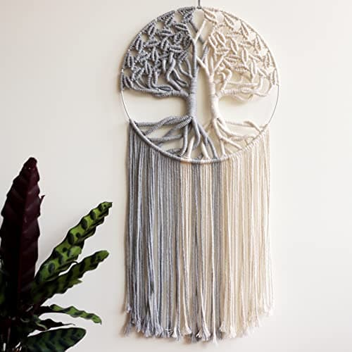 GUKALYLY Tree of Life Macrame Wall Hanging,Chic Handmade Woven Boho Home Décor,Eclectic Wall Decor for Bedroom Nursery Apartment Dorm Decoration,Gift for Teen Girl Mom(13" W X 31.5" L) (Grey&White)